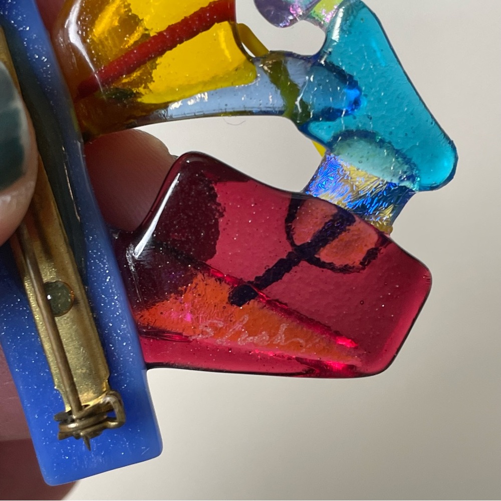 Signed vintage colorful fused art glass brooch ‘80s ‘90s - Picture 8 of 12